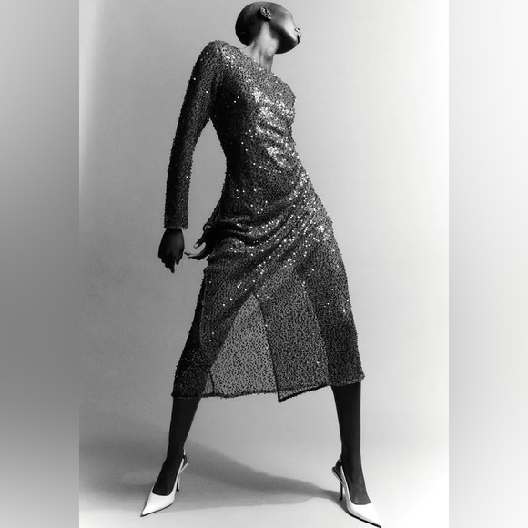 H&M sequin net dress dark gray midi size Small - Picture 3 of 6